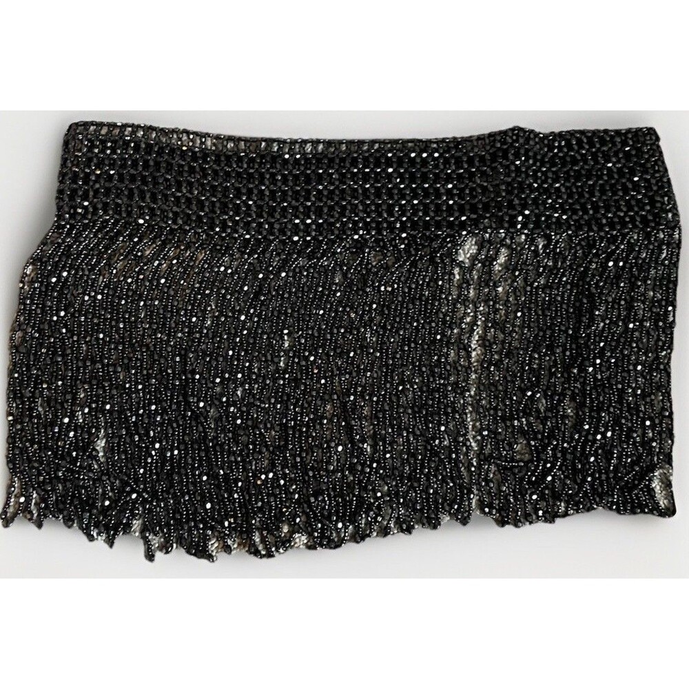 Vintage Y2K Beaded Fringe Hip Scarf Belt Hand Beaded Rosette Closure Black